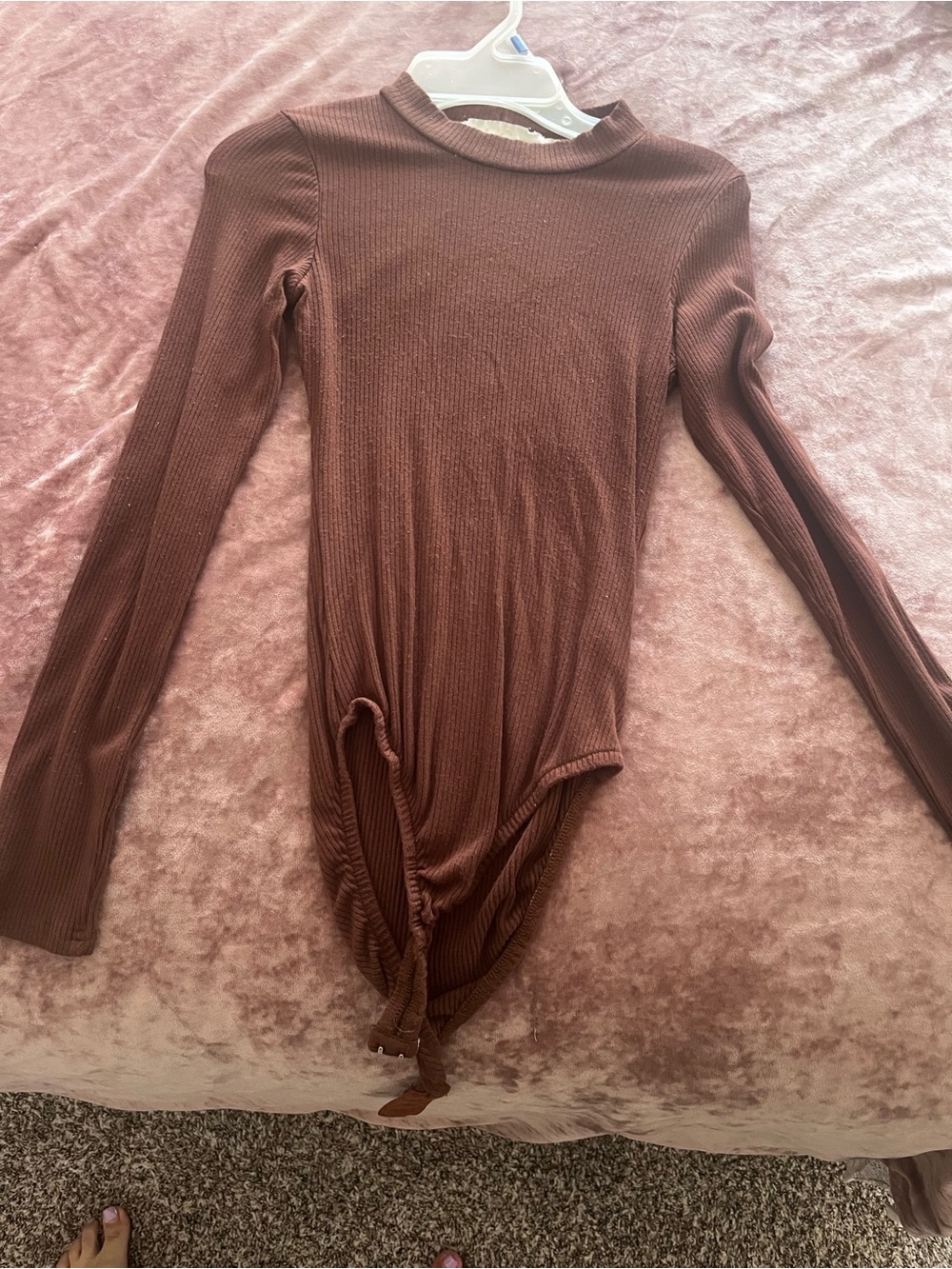Women's Long-Sleeve Ribbed Brown Bodysuit